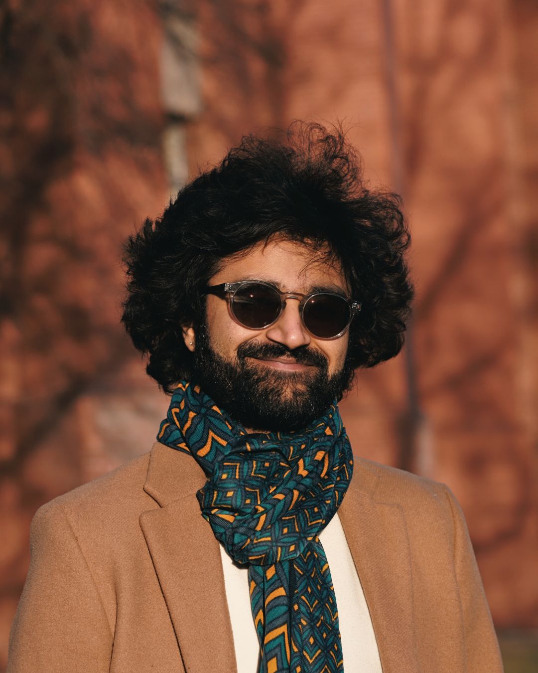 Fine Wool Scarf – Geometric Print (Teal & Mustard)