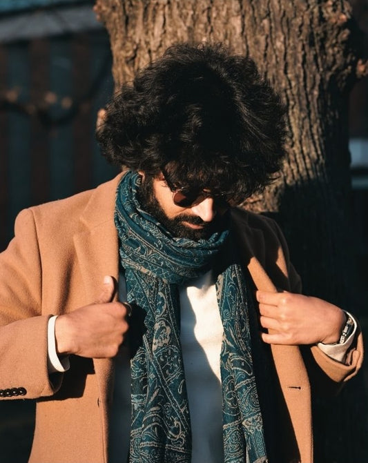 Boiled Wool Scarf – Woven Paisley Design (Teal)