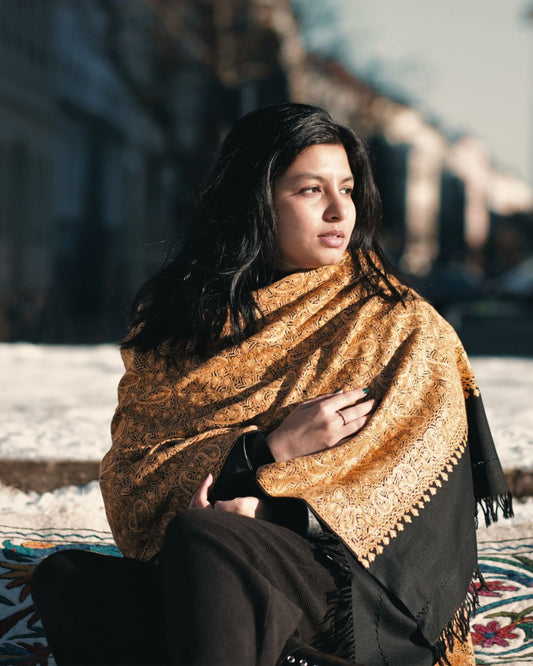 Hand-Embroidered Wool Shawl – Golden Paisley