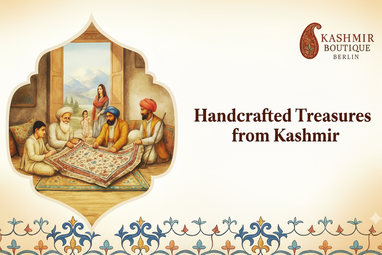 Advertisement for Kashmir Boutique Berlin featuring a scene of people examining a rug with decorative elements and text.