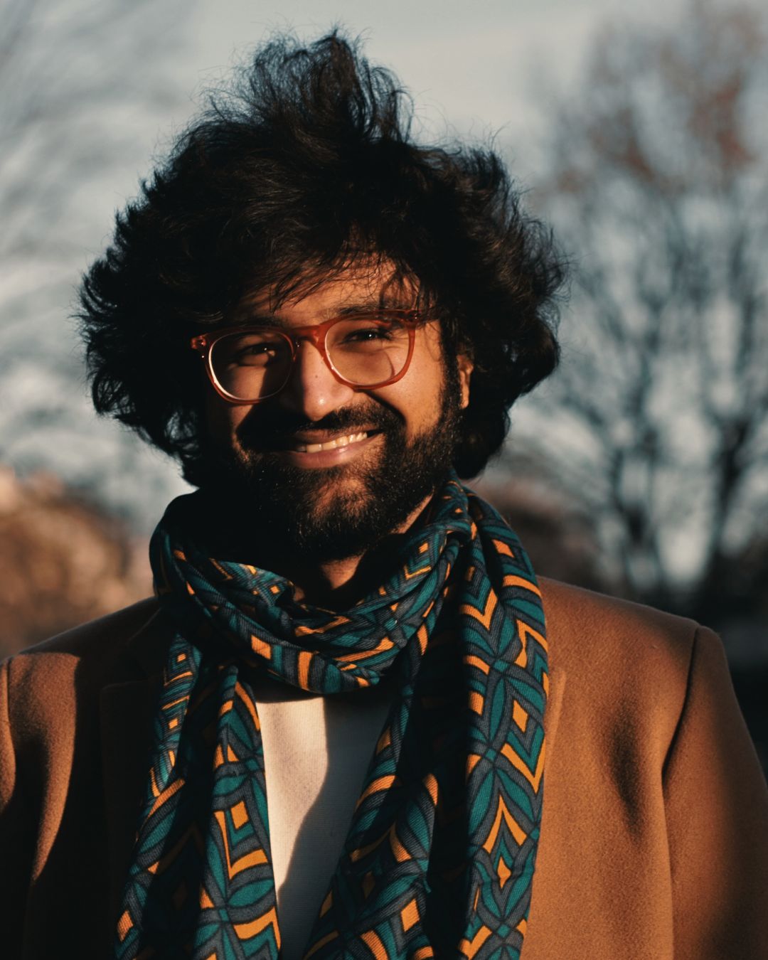 Fine Wool Scarf – Geometric Print (Teal & Mustard)