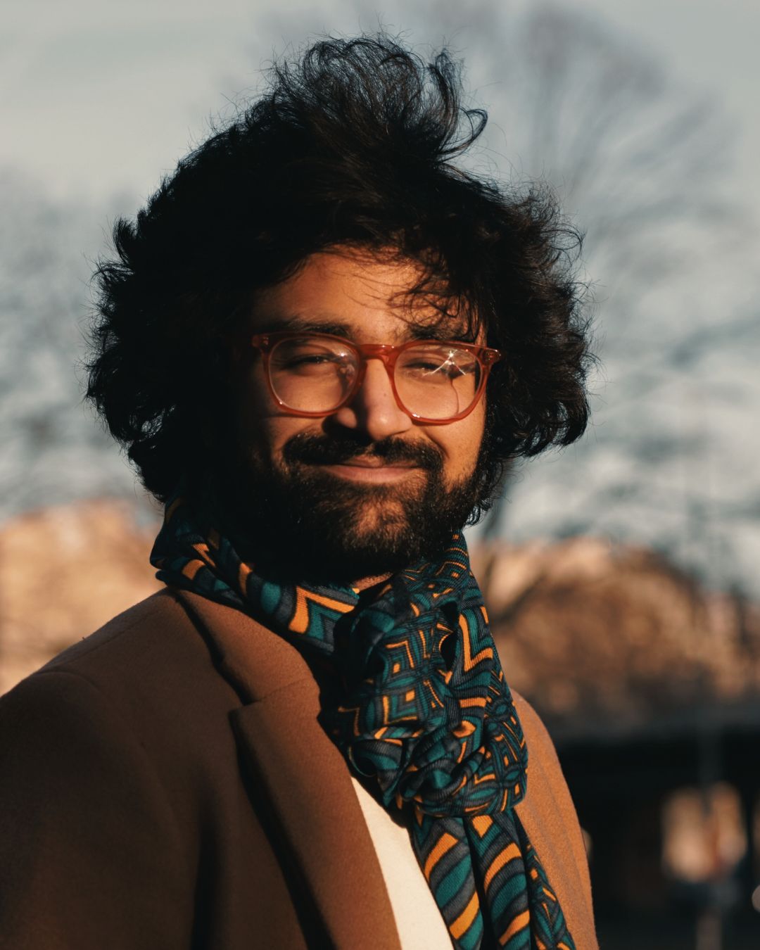 Fine Wool Scarf – Geometric Print (Teal & Mustard)