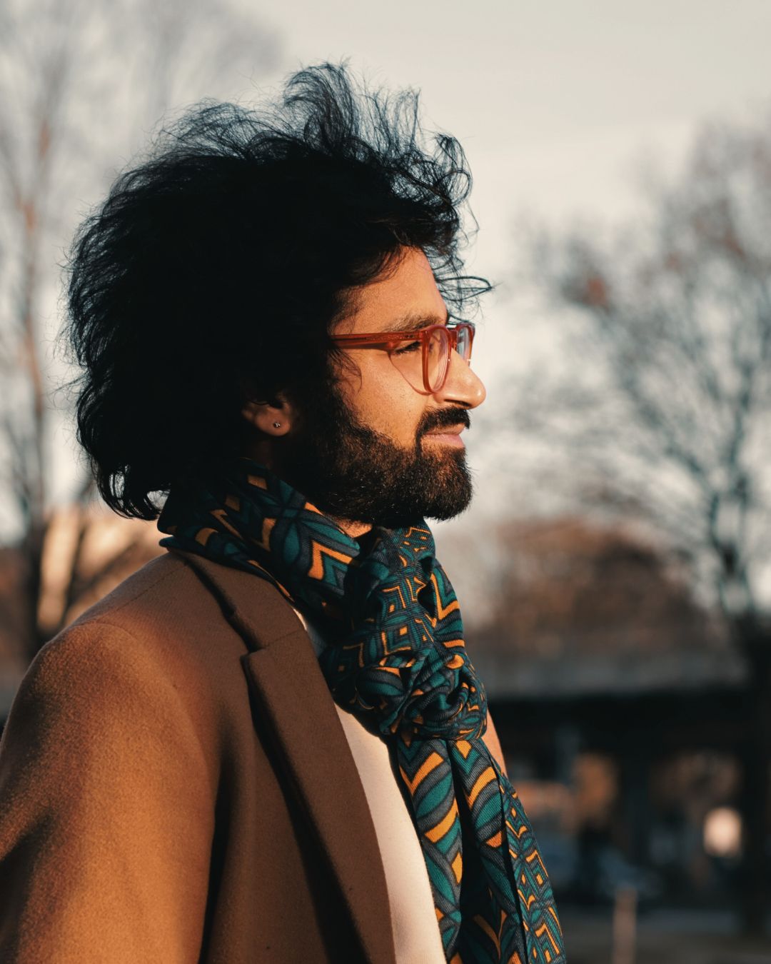 Fine Wool Scarf – Geometric Print (Teal & Mustard)