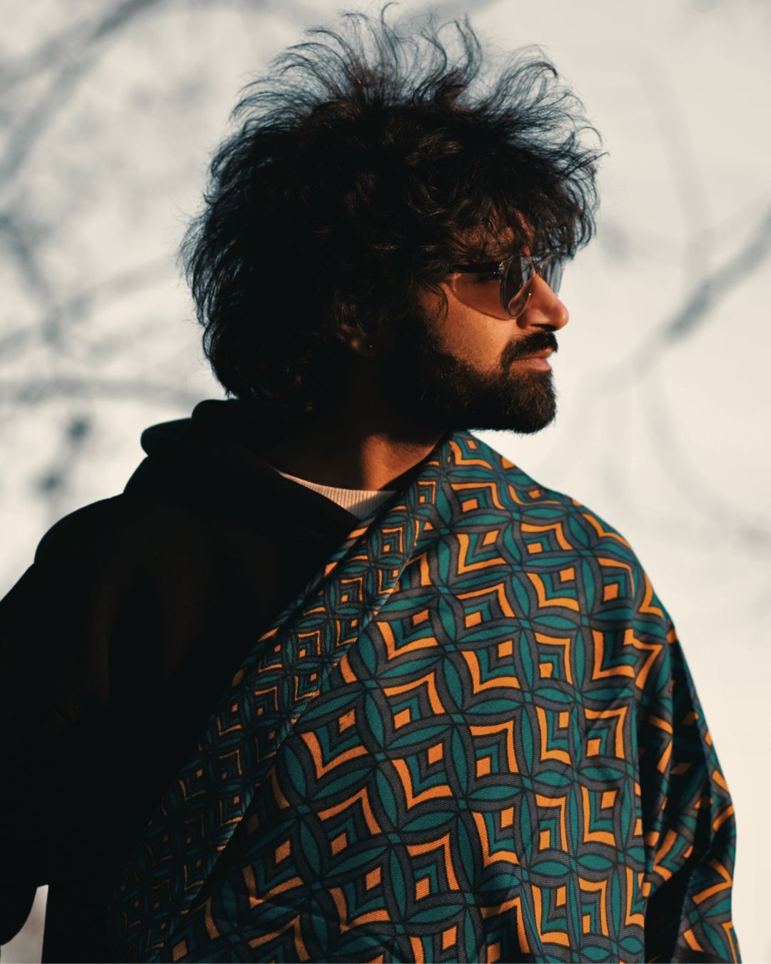 Fine Wool Scarf – Geometric Print (Teal & Mustard)