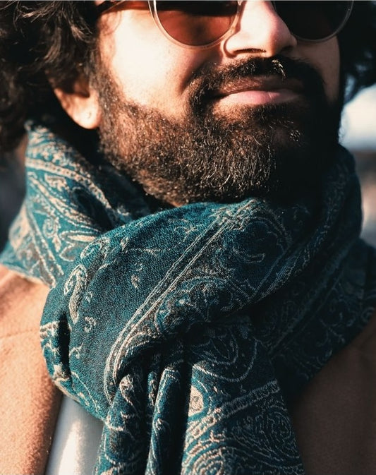 Boiled Wool Scarf – Woven Paisley Design (Teal)