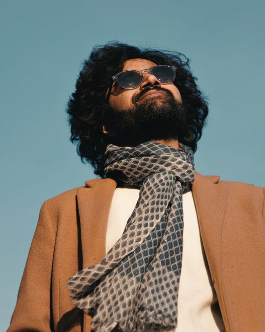 Fine Wool Scarf – Modern Geometric Print (Grey & Navy)