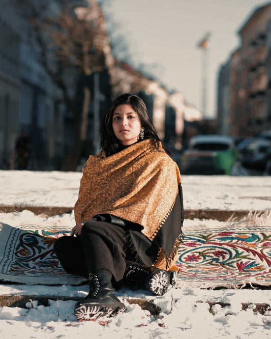 Hand-Embroidered Wool Shawl – Golden Paisley