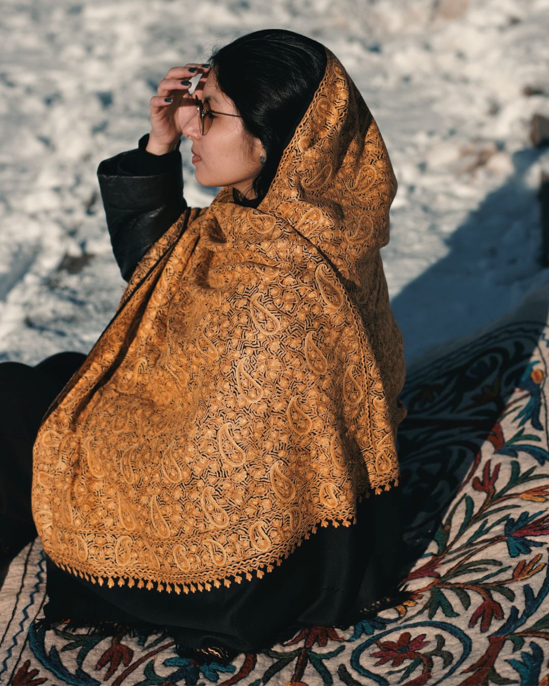 Hand-Embroidered Wool Shawl – Golden Paisley
