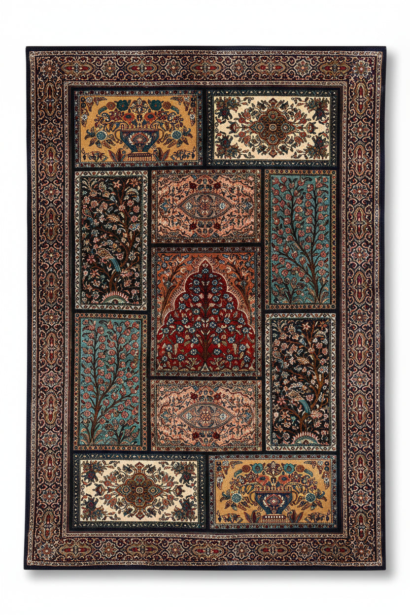 Decorative rug with intricate patterns and colors on a white background